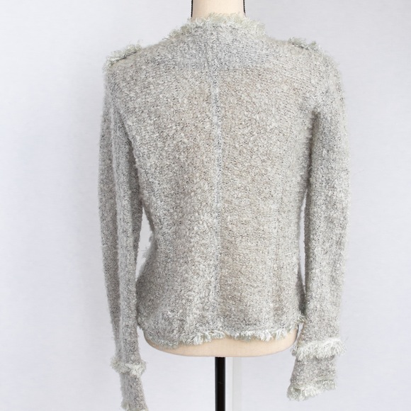Soft light gray fringe trimmed fuzzy cardigan sweater with sequins by Monoreno S - Picture 4 of 9